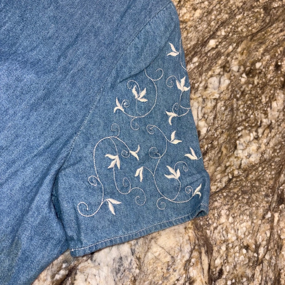 Vintage Embroidered Denim Striped Midi Dress Cottagecore Women 14P Blue - Picture 12 of 12